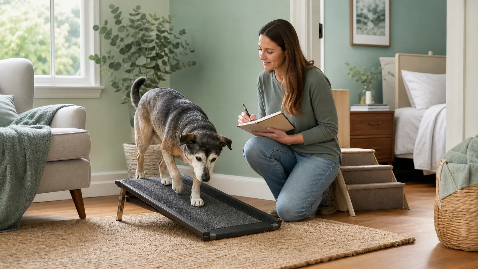 Healthy Paws Essentials scene illustrating room-by-room home modifications for senior dogs with mobility concerns