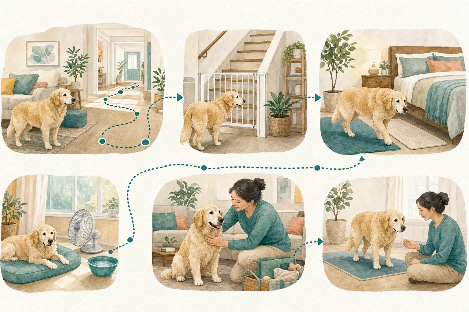 Illustrated owner guide for room-by-room home modifications for senior dogs with mobility concerns