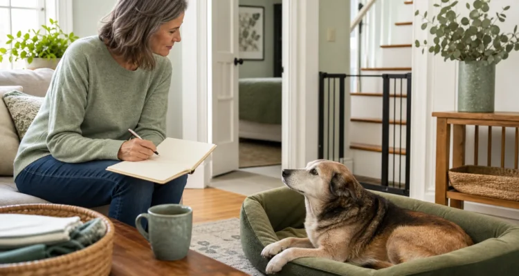 Healthy Paws Essentials scene illustrating deciding home access and sleeping arrangements for senior dogs
