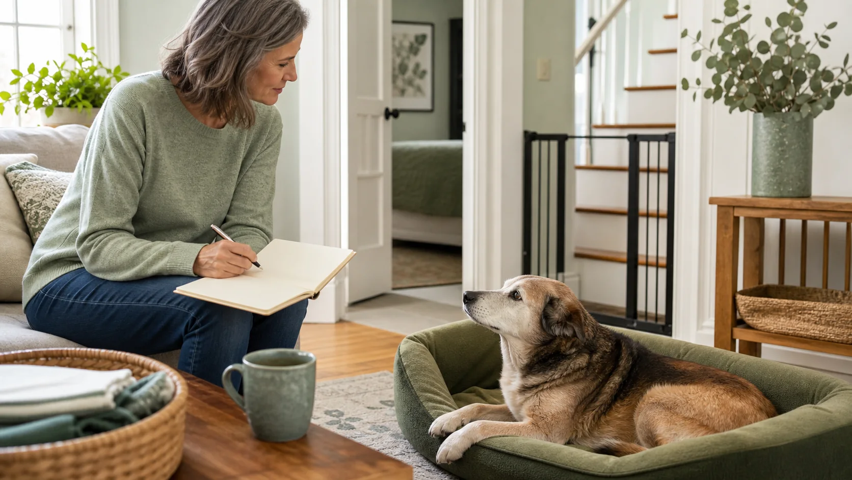 Healthy Paws Essentials scene illustrating deciding home access and sleeping arrangements for senior dogs
