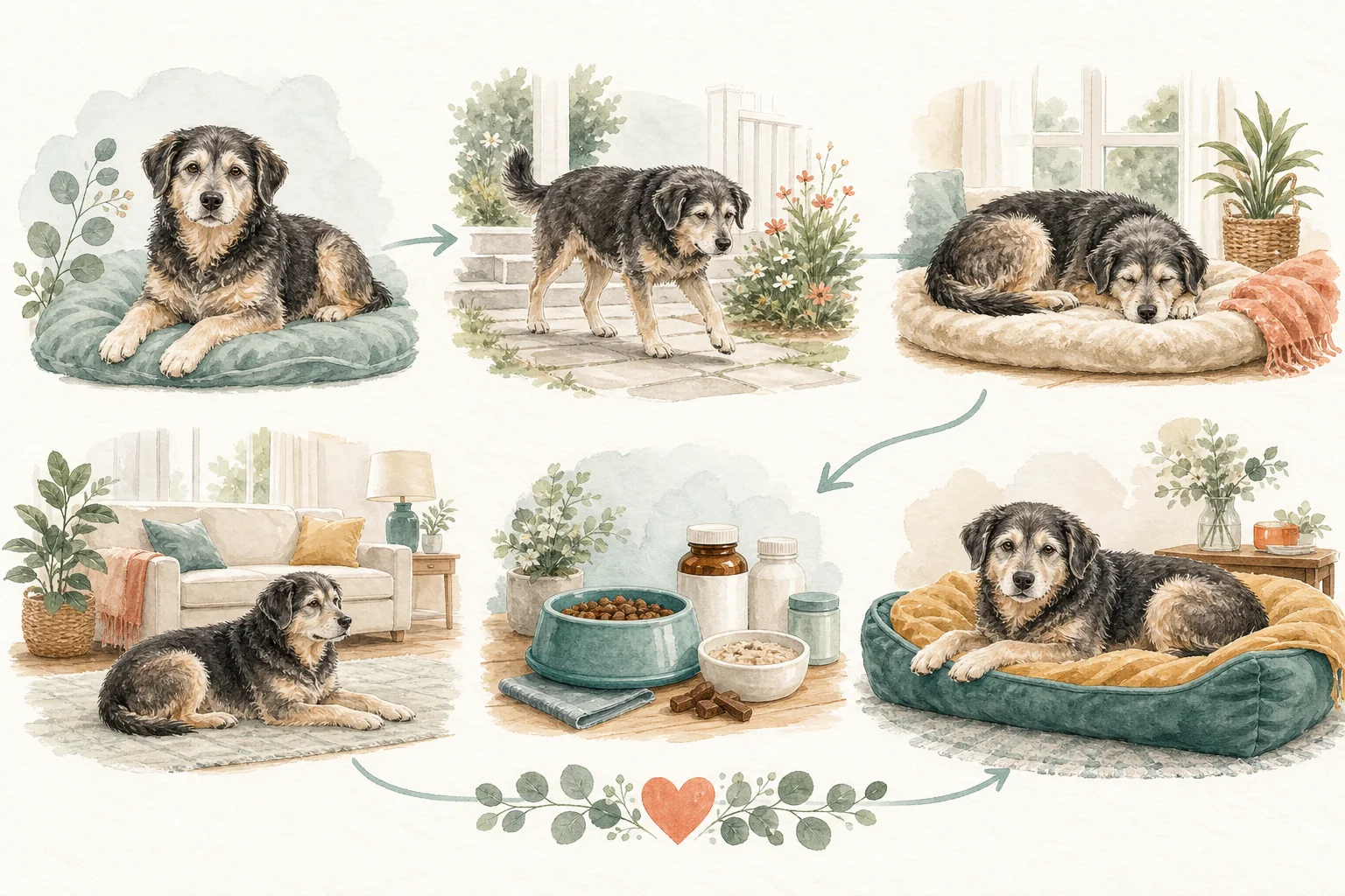 Illustrated owner guide for deciding home access and sleeping arrangements for senior dogs