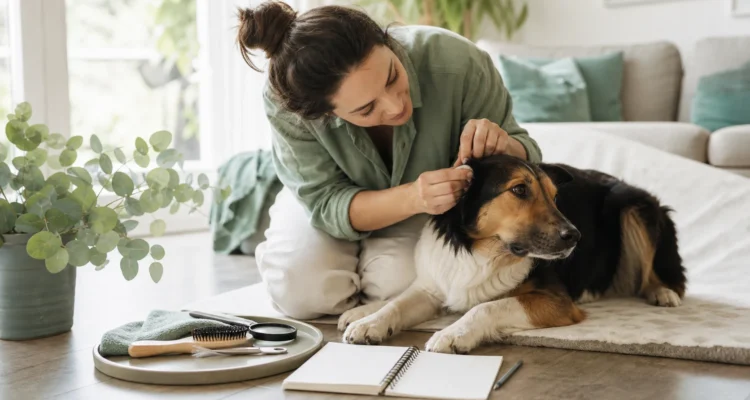 Healthy Paws Essentials scene illustrating weekly visual parasite-risk check checklist for dogs