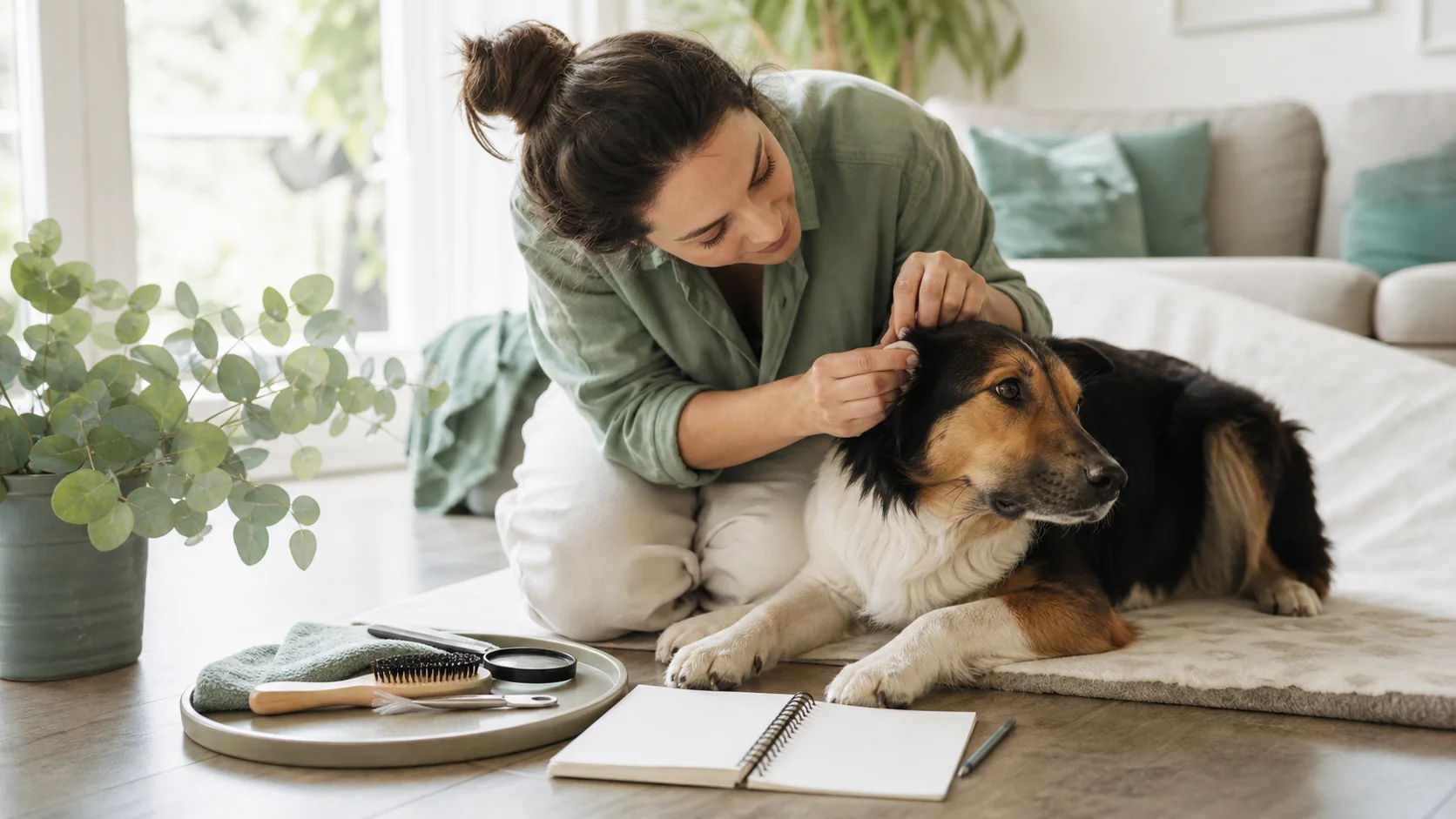Healthy Paws Essentials scene illustrating weekly visual parasite-risk check checklist for dogs