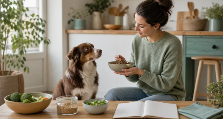 Healthy Paws Essentials scene illustrating simple life-stage fiber and feeding adjustments for dog gut health at home