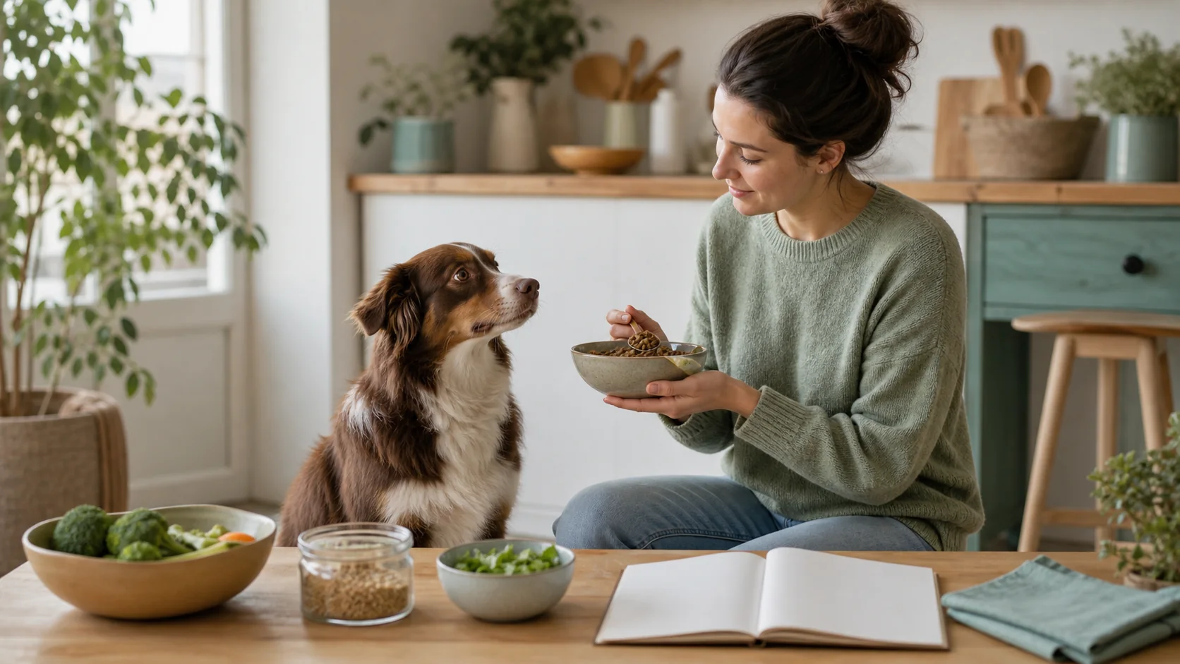 Healthy Paws Essentials scene illustrating simple life-stage fiber and feeding adjustments for dog gut health at home