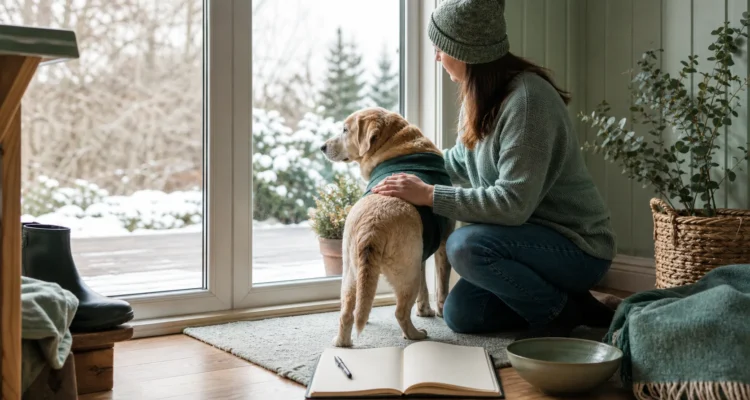Healthy Paws Essentials scene illustrating seasonal home and yard climate and footing safety for senior and mobility-limited dogs