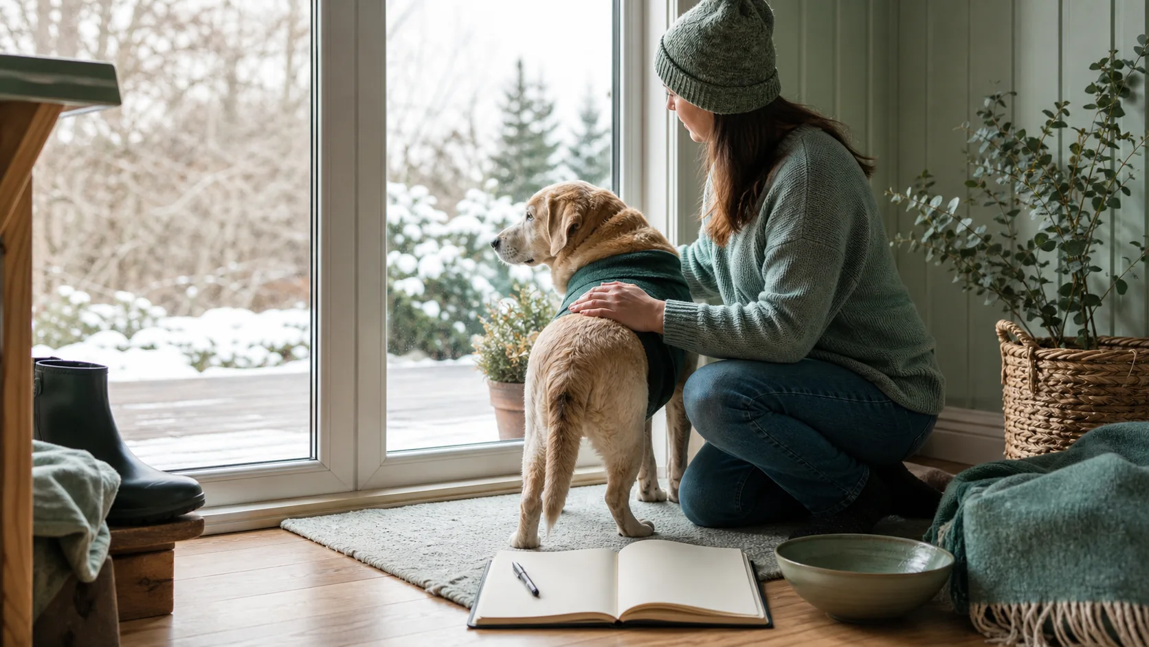 Healthy Paws Essentials scene illustrating seasonal home and yard climate and footing safety for senior and mobility-limited dogs
