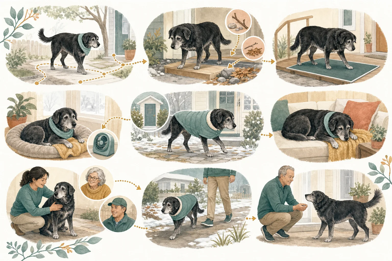 Illustrated owner guide for seasonal home and yard climate and footing safety for senior and mobility-limited dogs