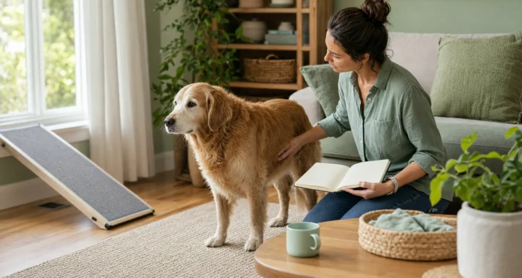 Healthy Paws Essentials scene illustrating room-by-room indoor safety for senior and mobility-limited dogs