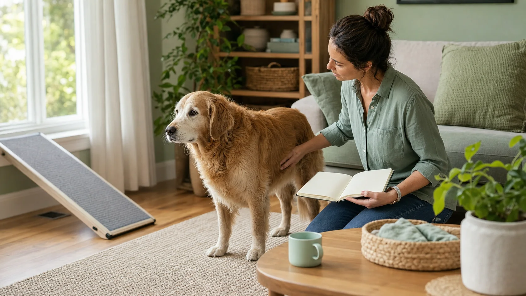 Healthy Paws Essentials scene illustrating room-by-room indoor safety for senior and mobility-limited dogs