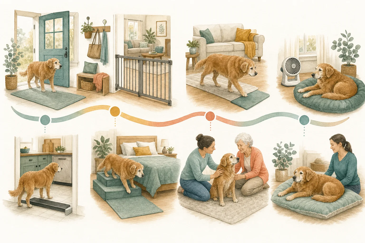 Illustrated owner guide for room-by-room indoor safety for senior and mobility-limited dogs