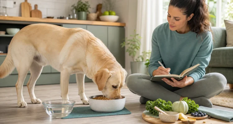 Healthy Paws Essentials scene illustrating life-stage feeding and hydration plan for dog gut health