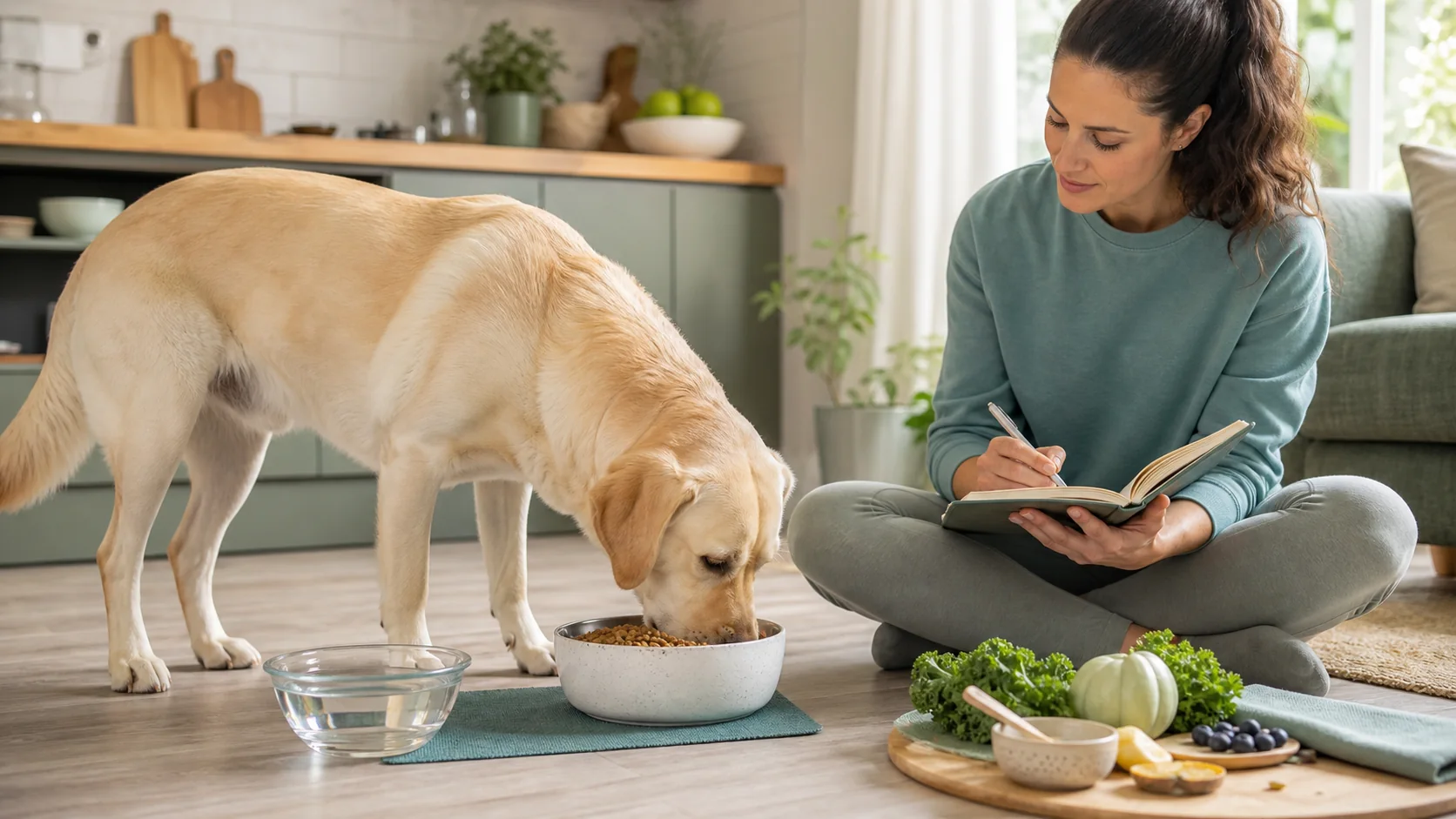 Healthy Paws Essentials scene illustrating life-stage feeding and hydration plan for dog gut health