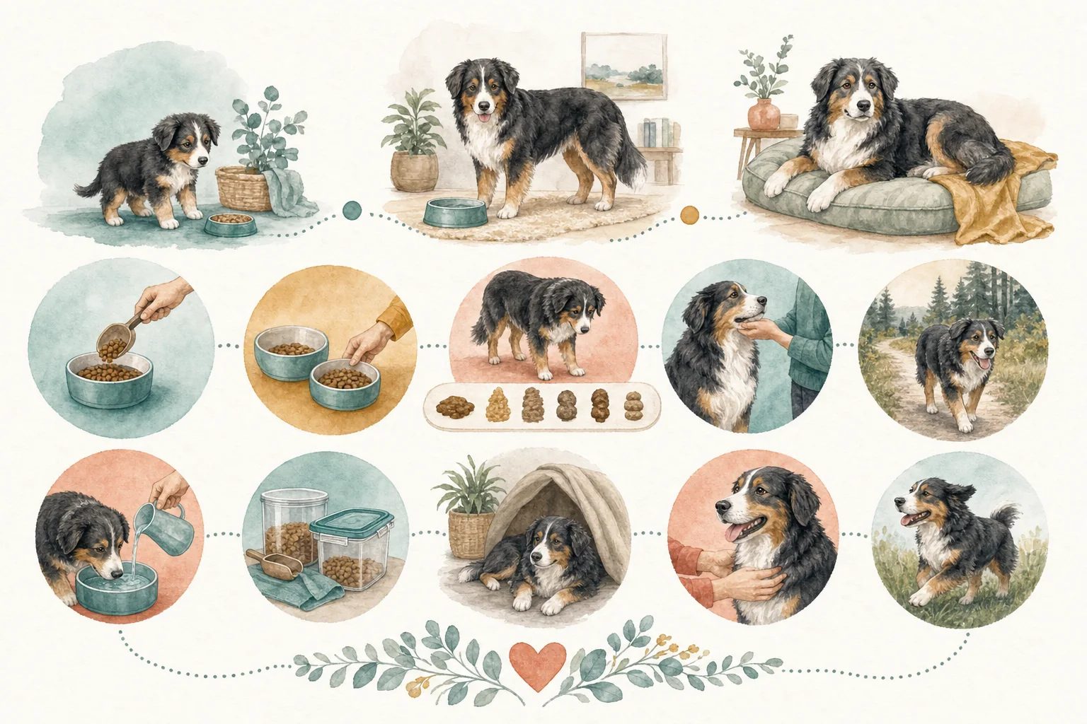 Illustrated owner guide for life-stage feeding and hydration plan for dog gut health