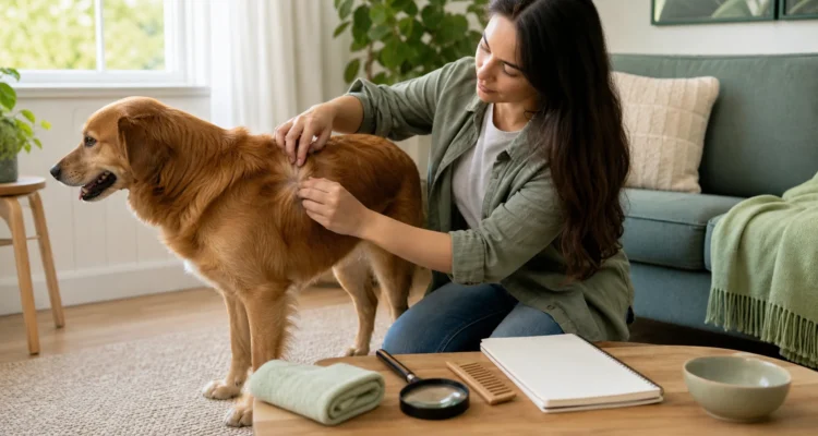 Healthy Paws Essentials scene illustrating visual inspection routine for external parasites on dogs