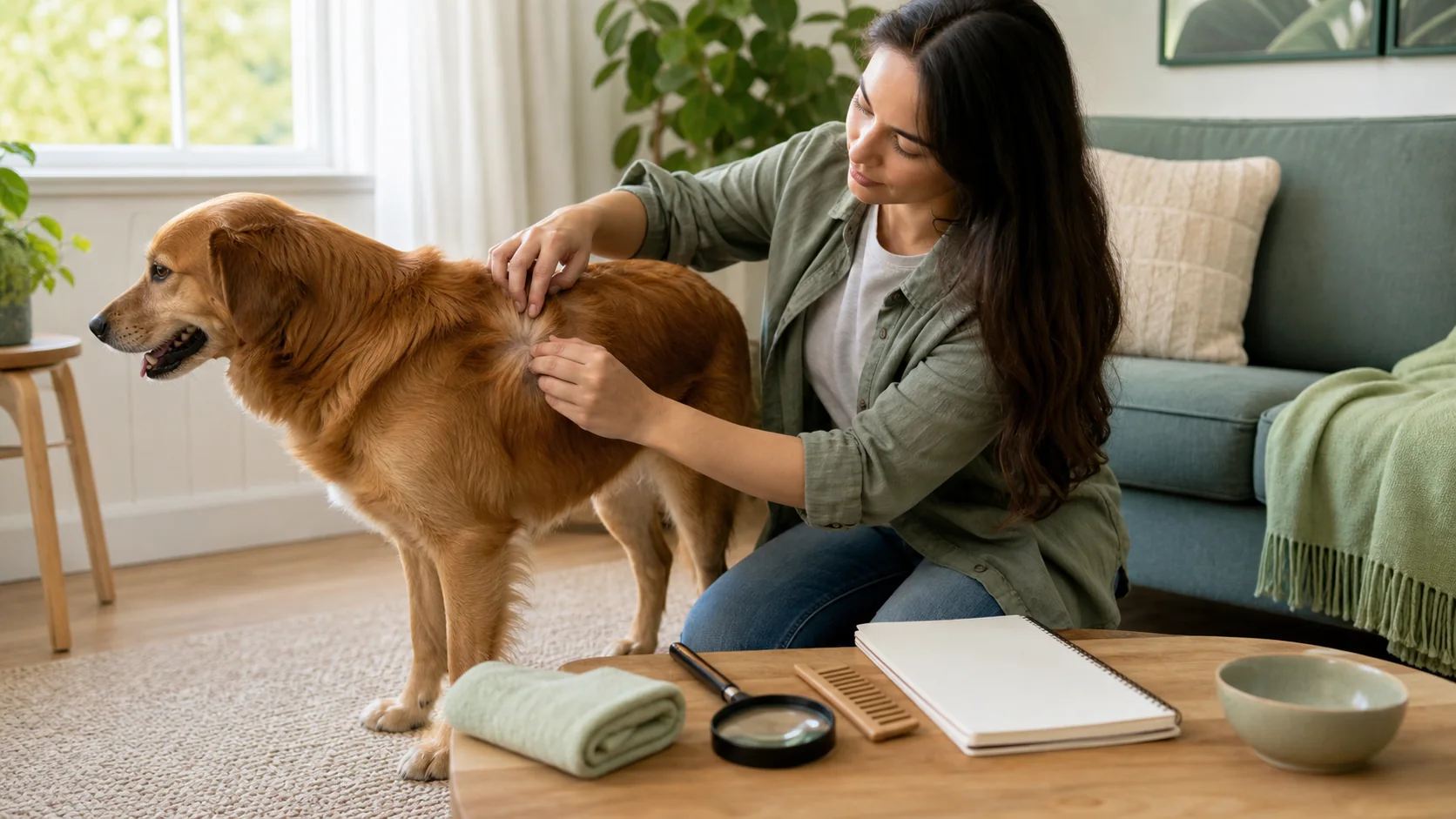 Healthy Paws Essentials scene illustrating visual inspection routine for external parasites on dogs