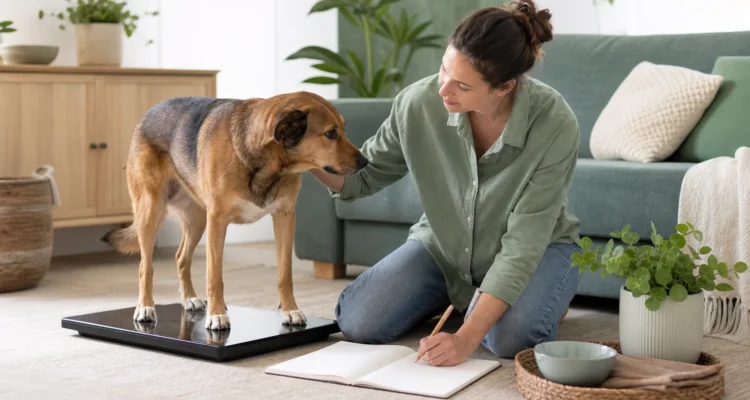 Healthy Paws Essentials scene illustrating simple record-keeping plan for dog weight and body condition