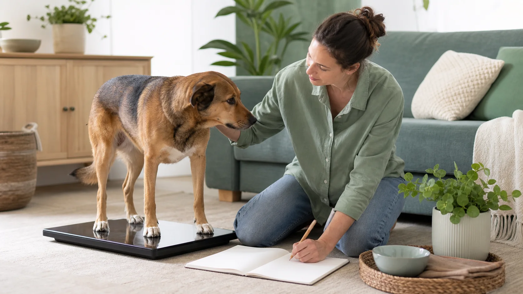 Healthy Paws Essentials scene illustrating simple record-keeping plan for dog weight and body condition