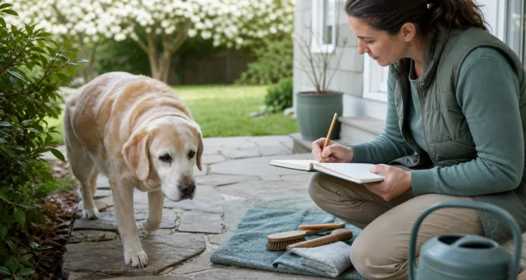 Healthy Paws Essentials scene illustrating seasonal outdoor audit for senior and mobility-limited dogs