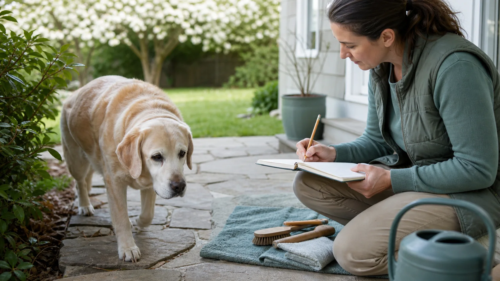 Healthy Paws Essentials scene illustrating seasonal outdoor audit for senior and mobility-limited dogs