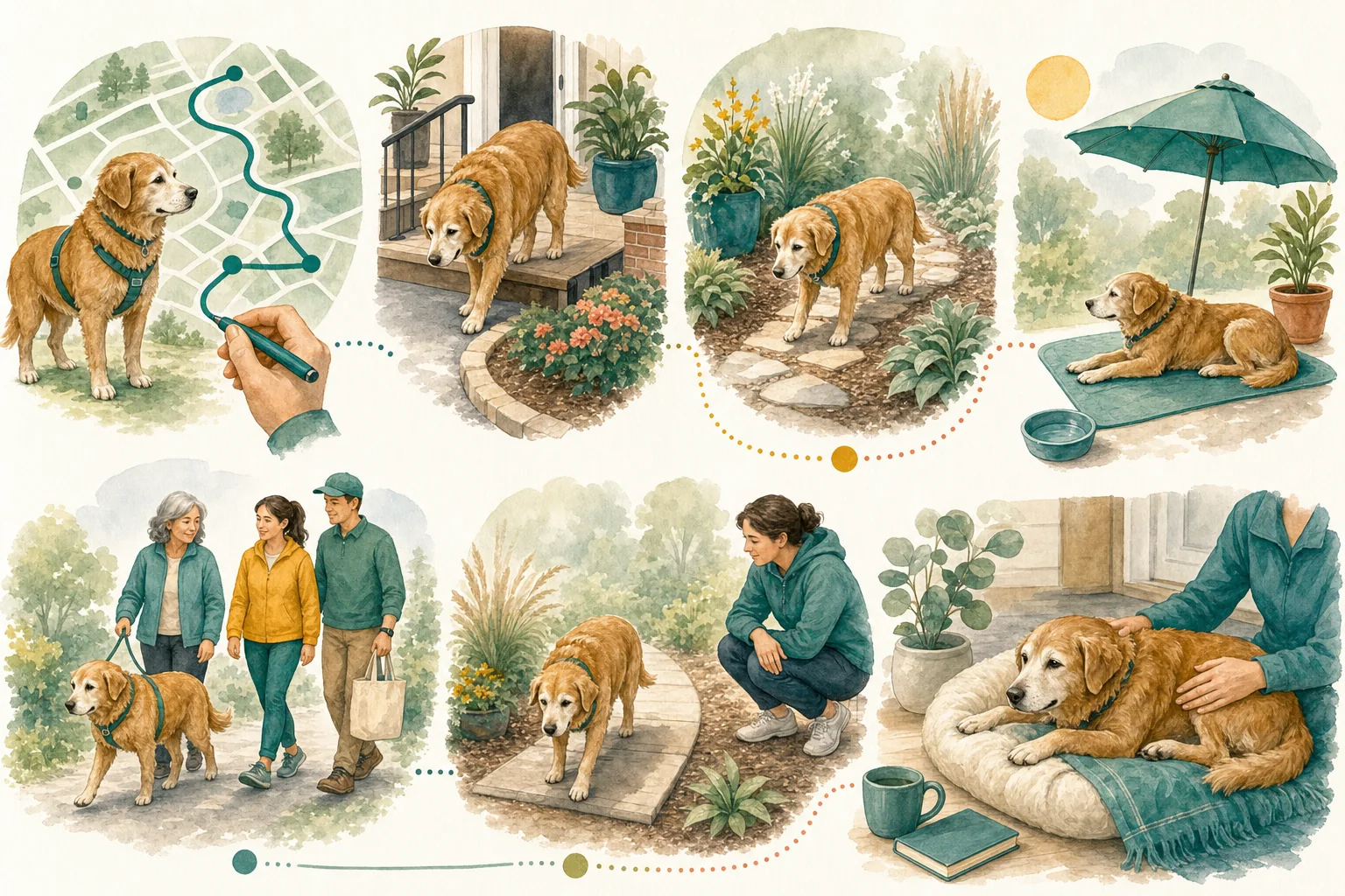 Illustrated owner guide for seasonal outdoor audit for senior and mobility-limited dogs