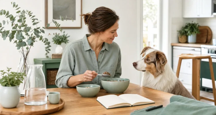 Healthy Paws Essentials scene illustrating choosing meal frequency and timing for dogs with sensitive digestion