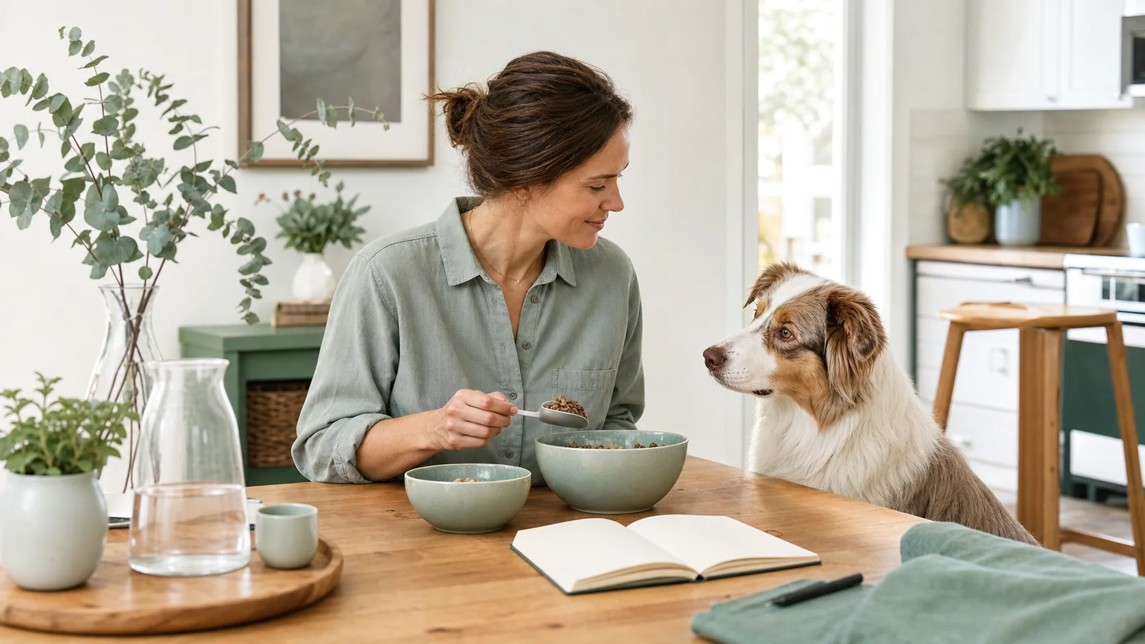 Healthy Paws Essentials scene illustrating choosing meal frequency and timing for dogs with sensitive digestion