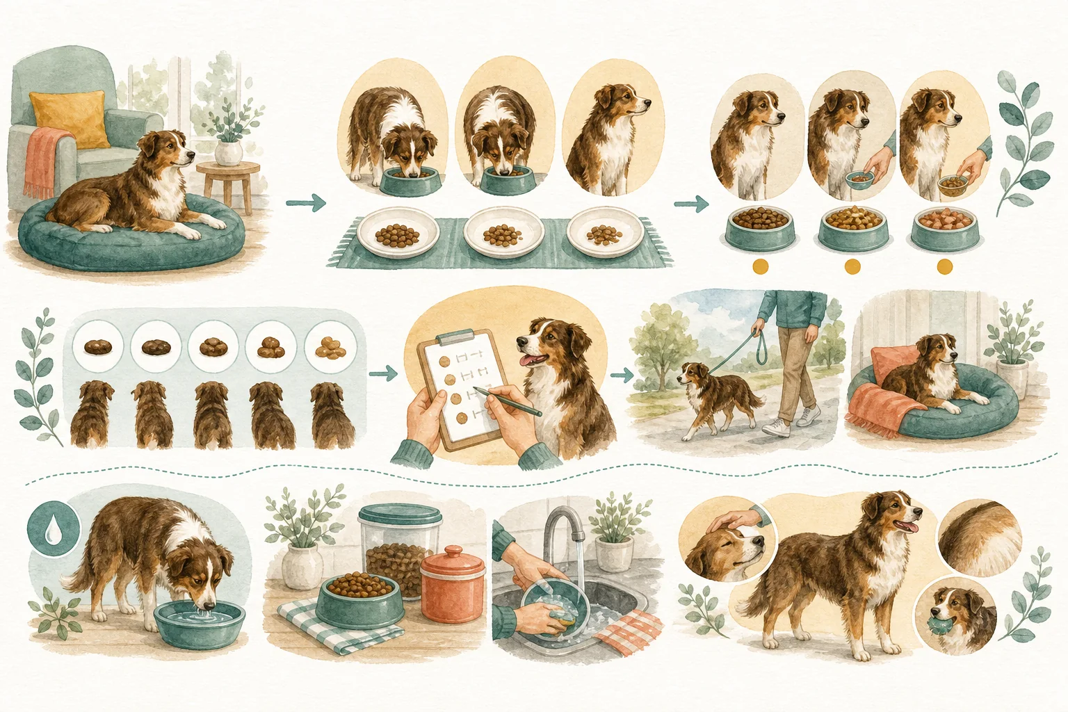 Illustrated owner guide for choosing meal frequency and timing for dogs with sensitive digestion