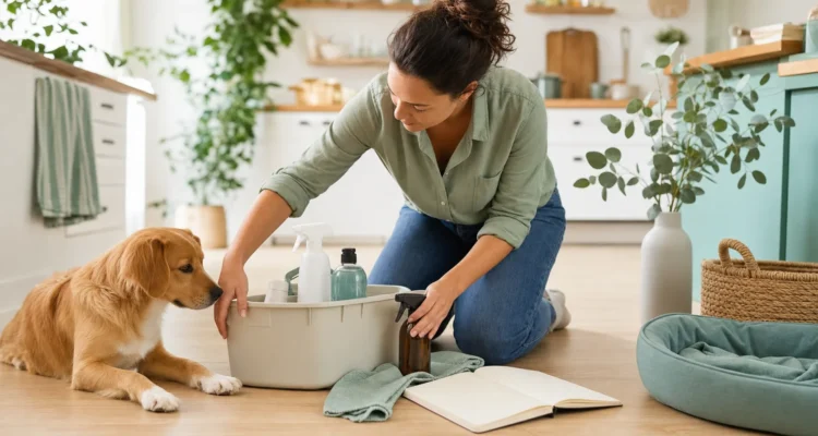 Healthy Paws Essentials scene illustrating home routine to reduce household toxin and food safety risks for dogs