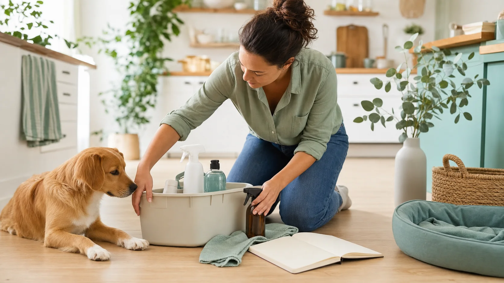 Healthy Paws Essentials scene illustrating home routine to reduce household toxin and food safety risks for dogs