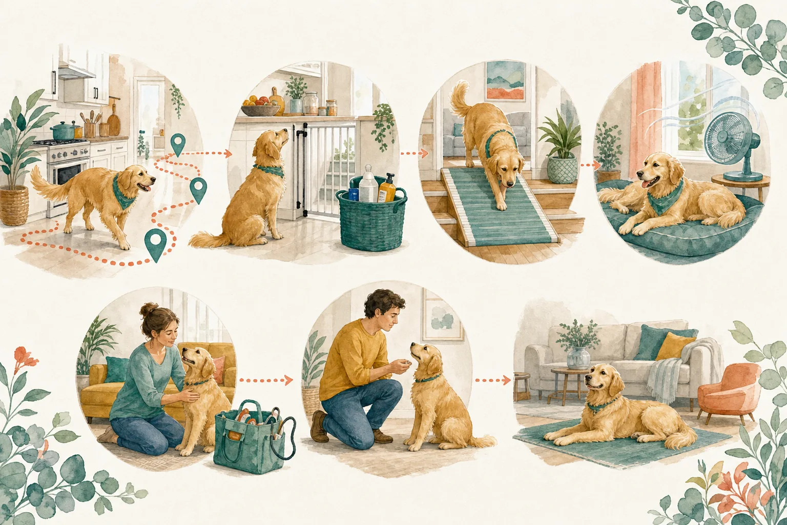 Illustrated owner guide for home routine to reduce household toxin and food safety risks for dogs