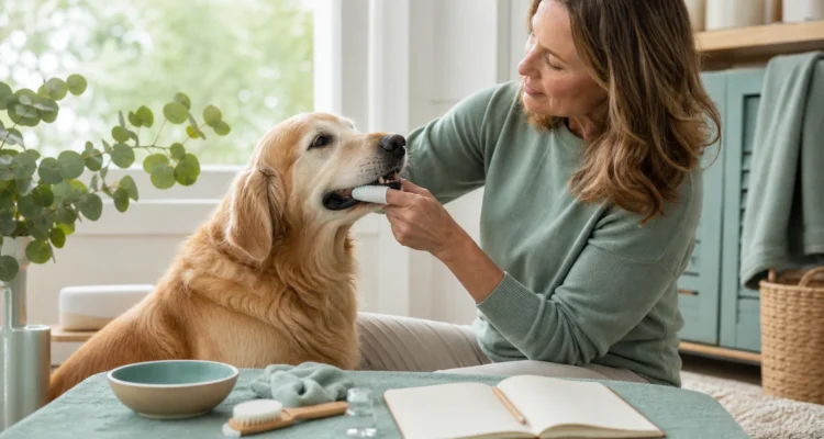Healthy Paws Essentials scene illustrating daily dental wellness routine for senior dogs