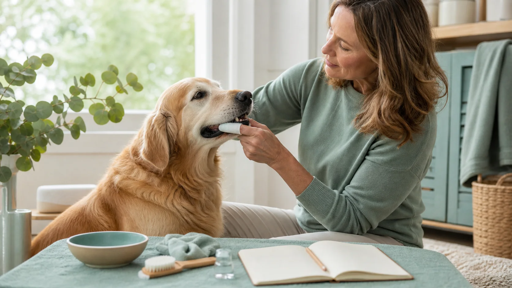 Healthy Paws Essentials scene illustrating daily dental wellness routine for senior dogs