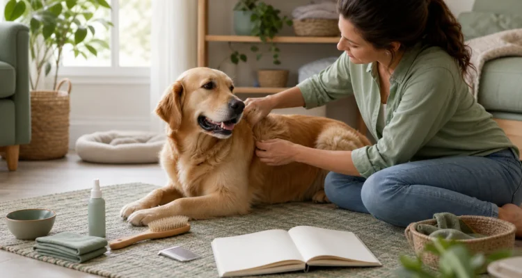Healthy Paws Essentials scene illustrating structured at-home grooming and skin-coat check routine for parasite awareness