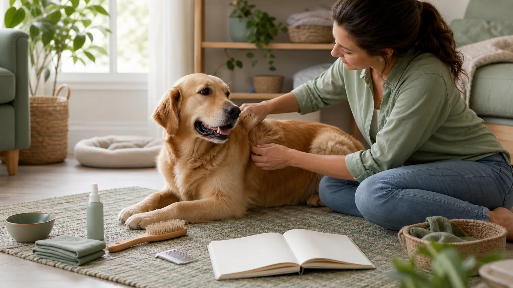 Healthy Paws Essentials scene illustrating structured at-home grooming and skin-coat check routine for parasite awareness