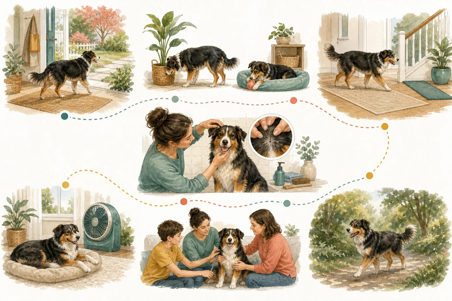 Illustrated owner guide for structured at-home grooming and skin-coat check routine for parasite awareness