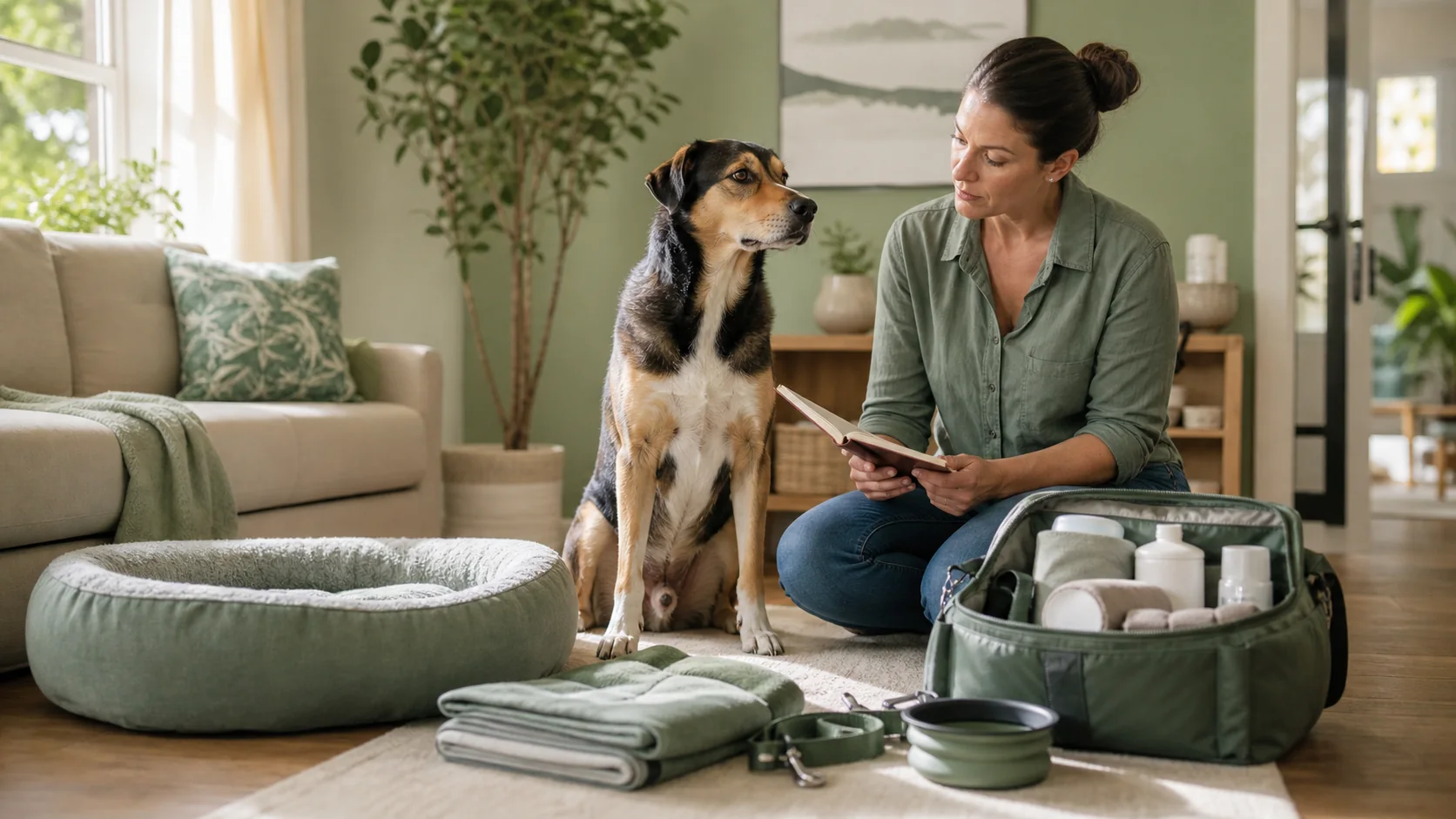 Healthy Paws Essentials scene illustrating dog-specific emergency preparation plan integrating weight and mobility