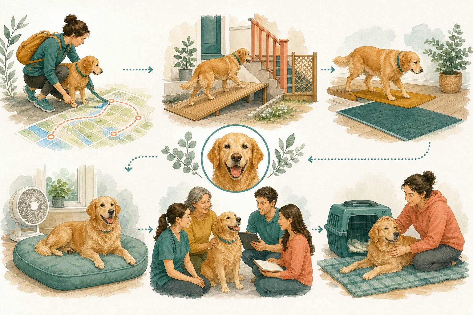 Illustrated owner guide for dog-specific emergency preparation plan integrating weight and mobility