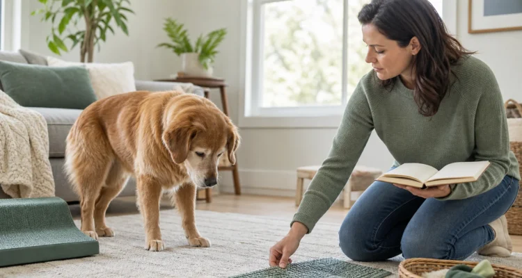 Healthy Paws Essentials scene illustrating indoor hazard audit for senior and mobility-limited dogs