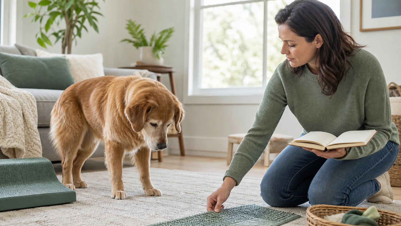 Healthy Paws Essentials scene illustrating indoor hazard audit for senior and mobility-limited dogs