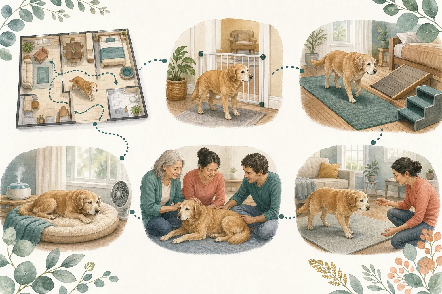 Illustrated owner guide for indoor hazard audit for senior and mobility-limited dogs