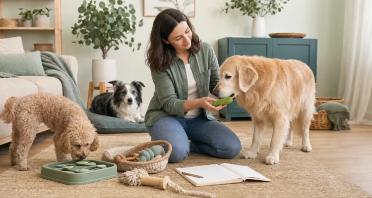 Healthy Paws Essentials scene illustrating adjusting play and enrichment for senior dogs in multi-pet homes