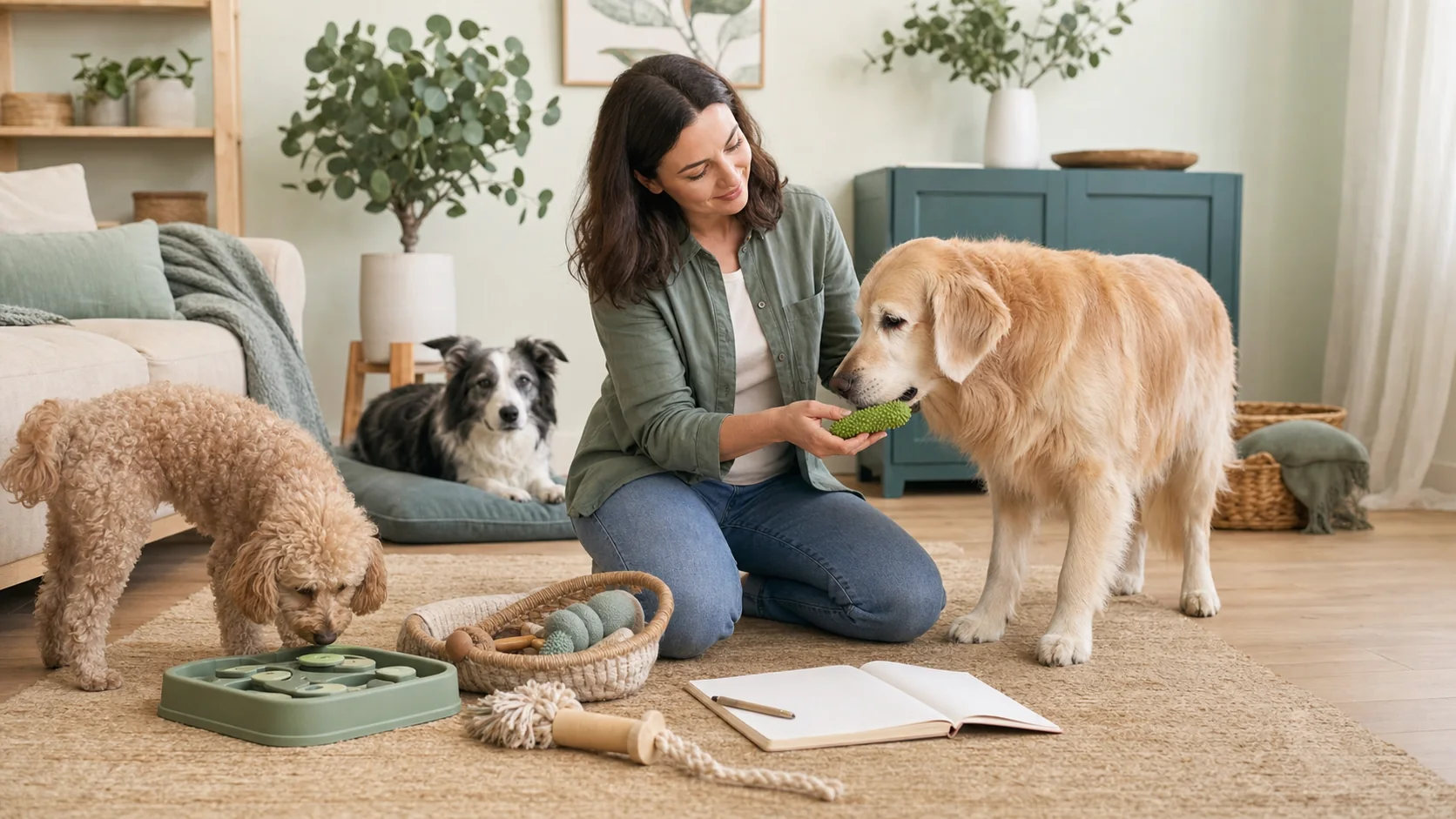 Healthy Paws Essentials scene illustrating adjusting play and enrichment for senior dogs in multi-pet homes