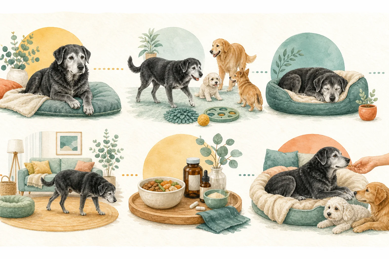 Illustrated owner guide for adjusting play and enrichment for senior dogs in multi-pet homes