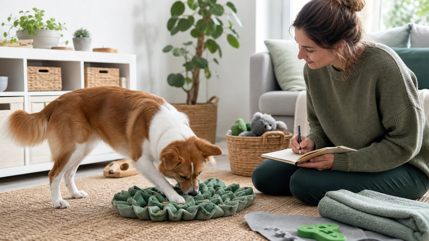 Healthy Paws Essentials scene illustrating evidence-based environmental enrichment for pet dogs