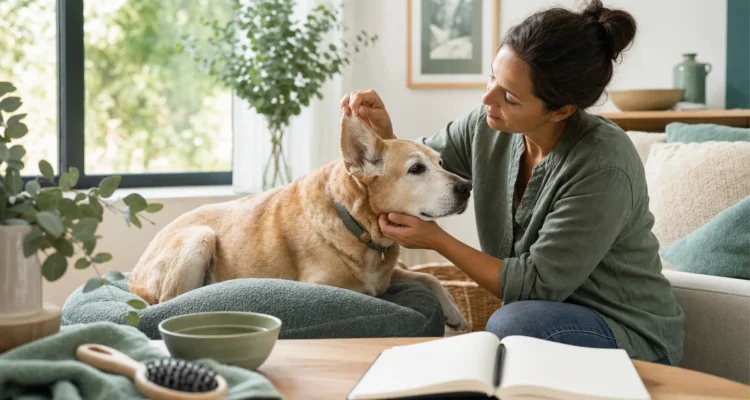 Healthy Paws Essentials scene illustrating noticing subtle facial and ear changes in senior dogs at home