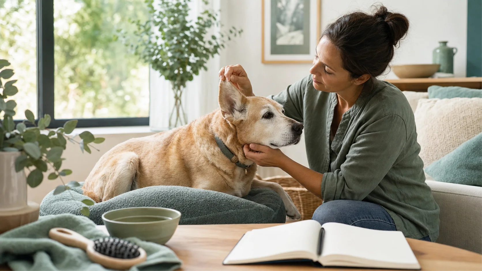 Healthy Paws Essentials scene illustrating noticing subtle facial and ear changes in senior dogs at home