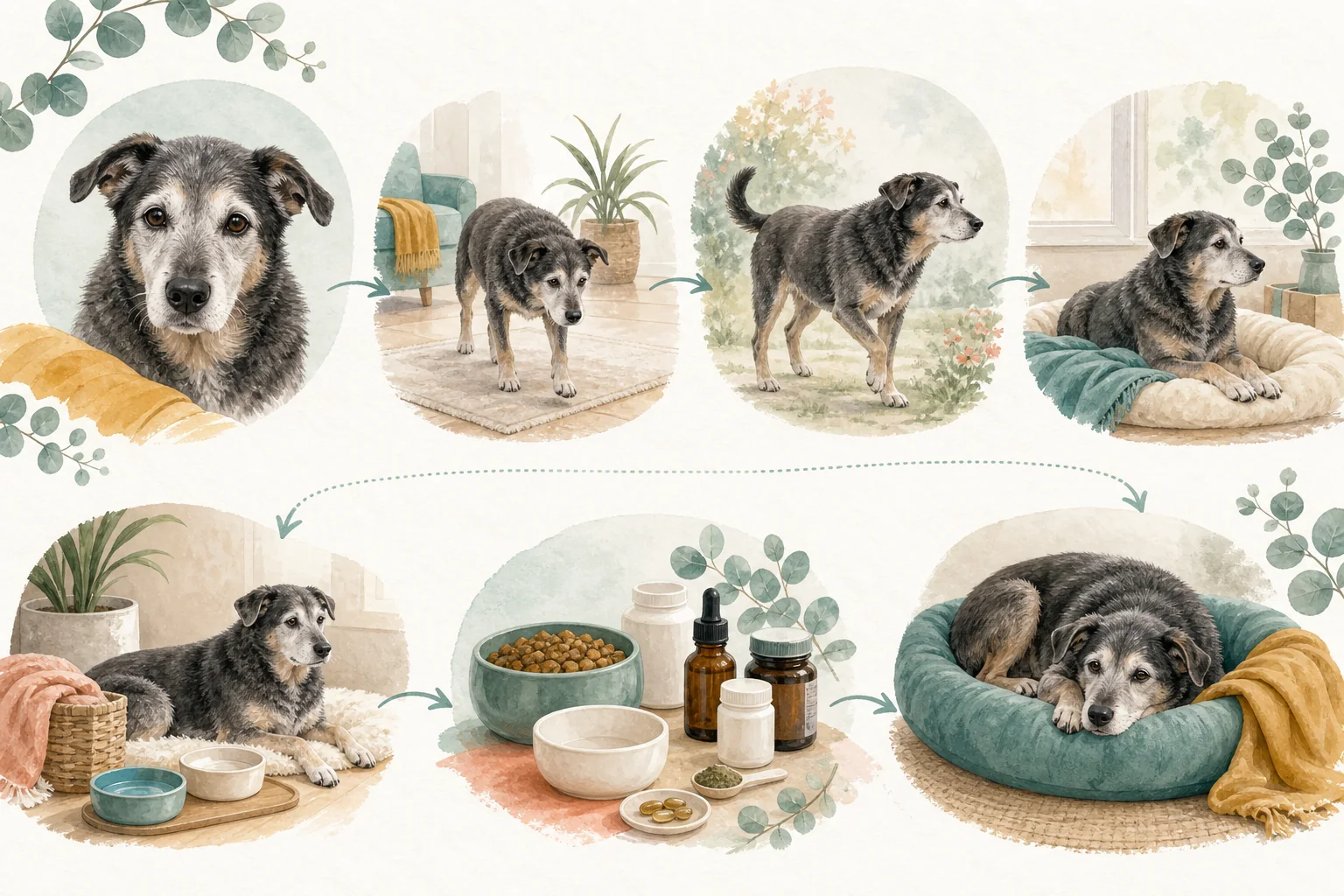 Illustrated owner guide for noticing subtle facial and ear changes in senior dogs at home