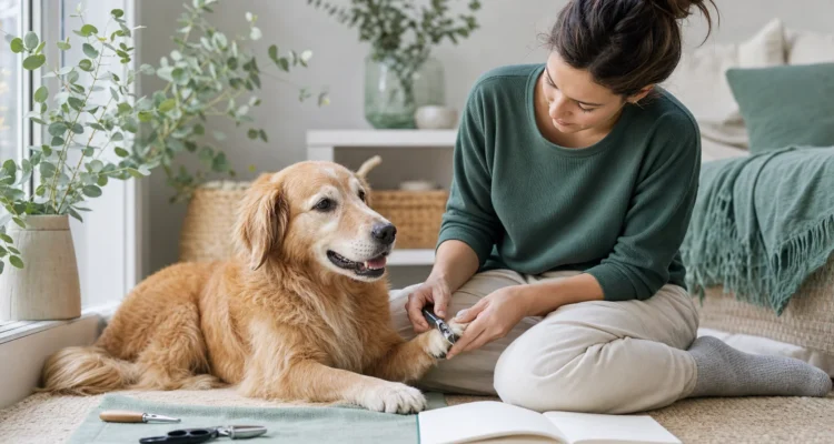 Healthy Paws Essentials scene illustrating schedule nail trimming and paw inspection for dogs by age and activity