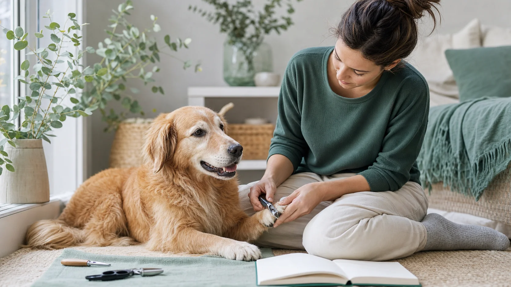 Healthy Paws Essentials scene illustrating schedule nail trimming and paw inspection for dogs by age and activity